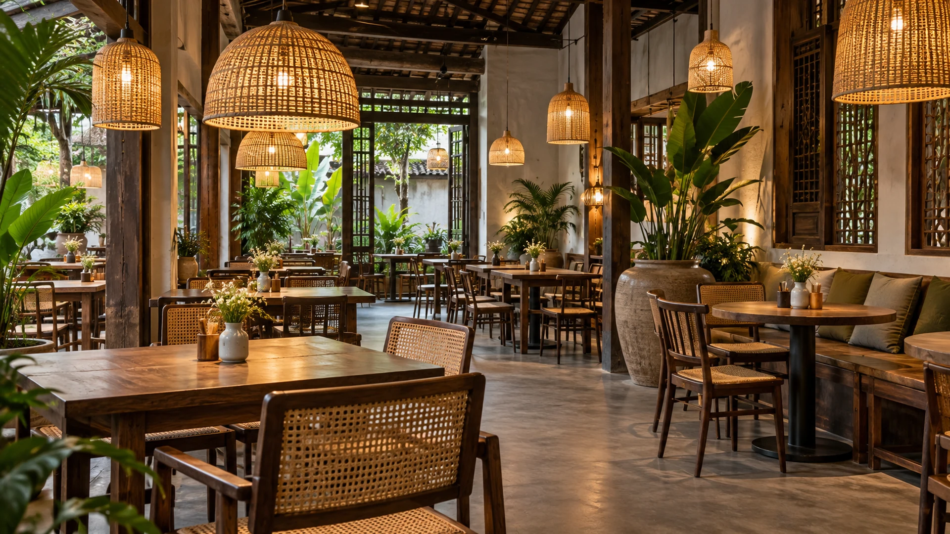 Đèn mây tre bố trí trong quán cafe