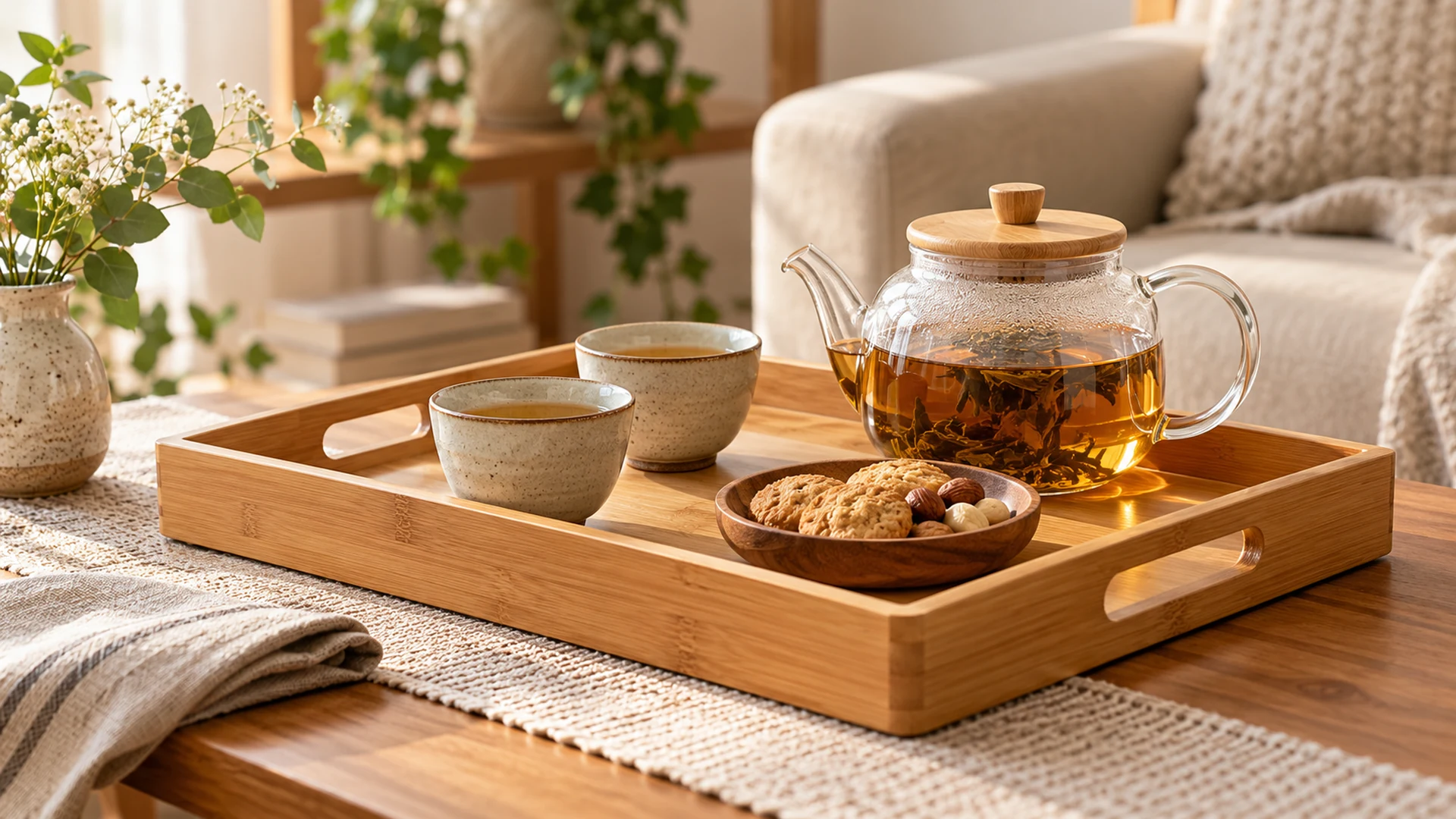 Khay gỗ bày trà trên bàn