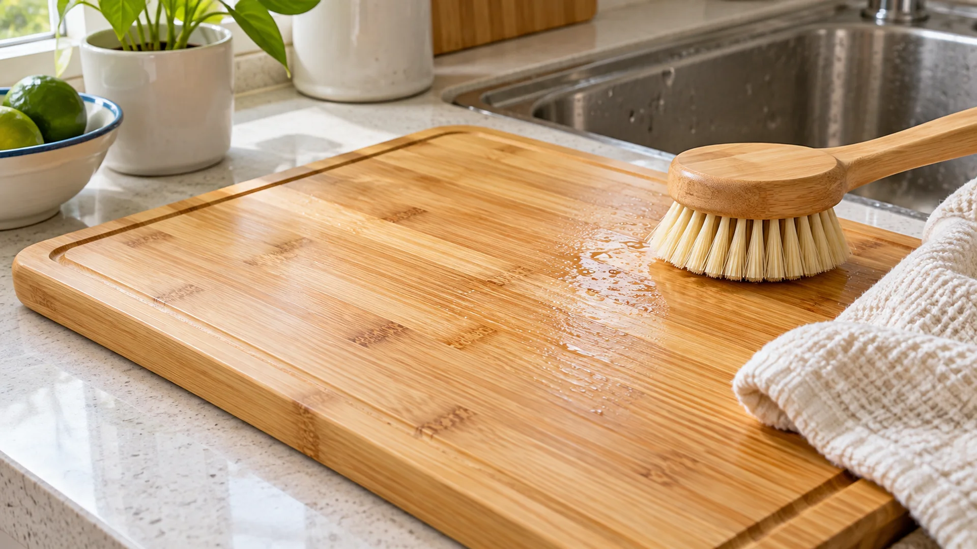 Làm sạch bề mặt thớt tre bằng bàn chải mềm