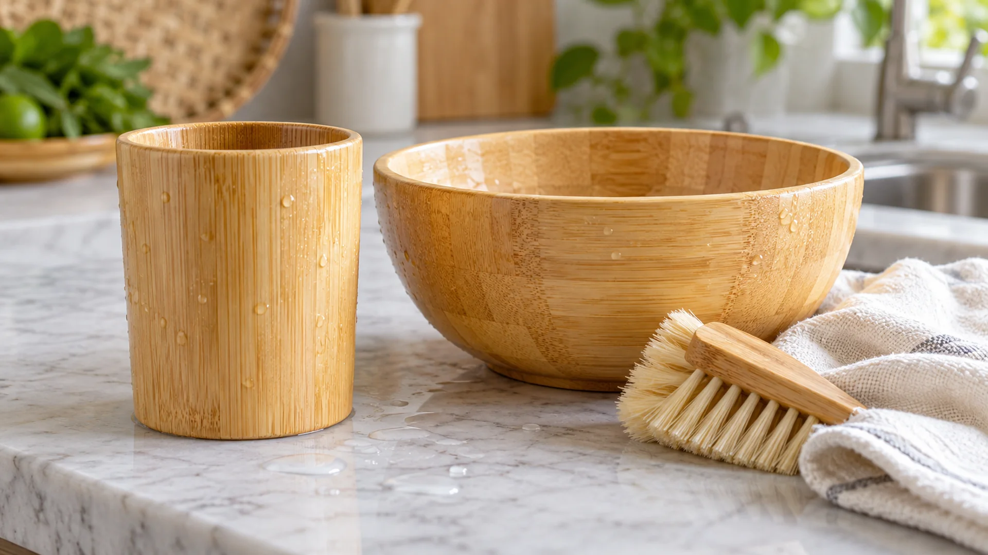 Làm sạch cốc và bát tre bằng bàn chải mềm