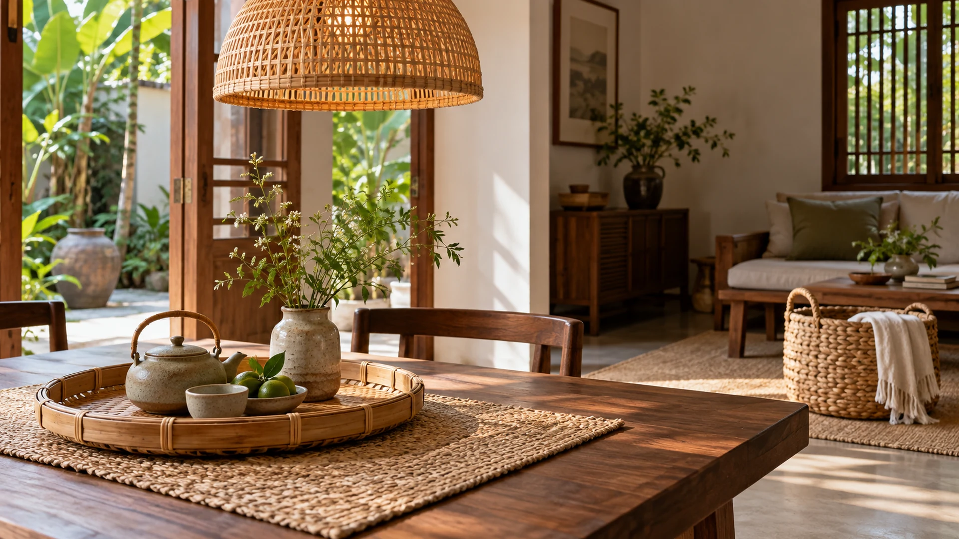 Phối vật liệu mây tre cói và lục bình trong không gian nội thất