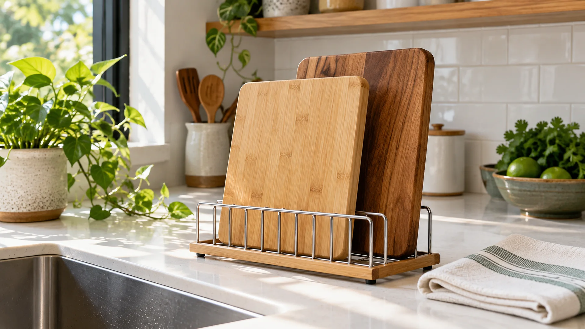 Thớt tre và thớt teak được dựng đứng sau khi rửa