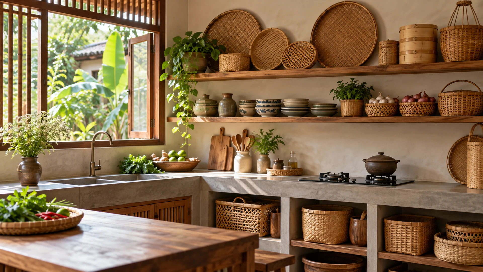Sắp xếp rổ tre trong gian bếp