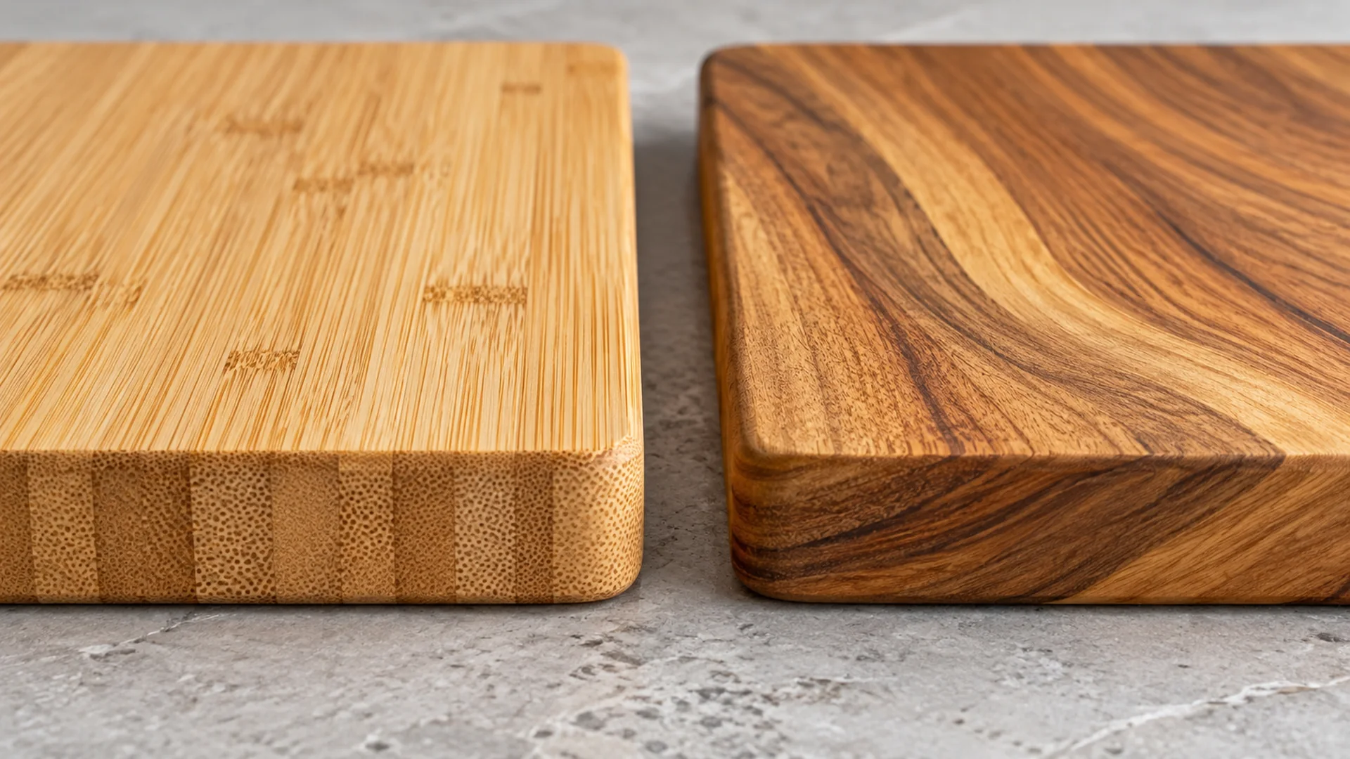 Cận cảnh bề mặt thớt tre và thớt gỗ teak