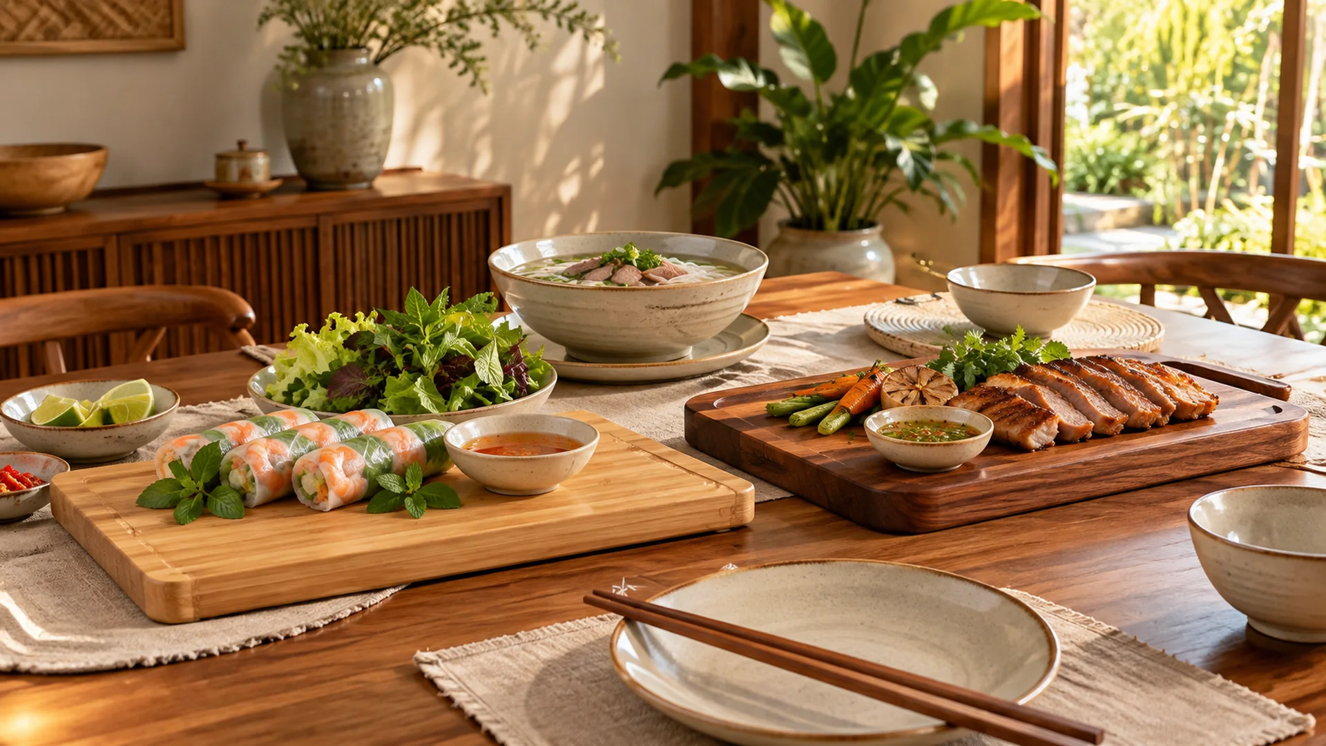 Thớt tre và thớt gỗ teak trên bàn ăn gia đình