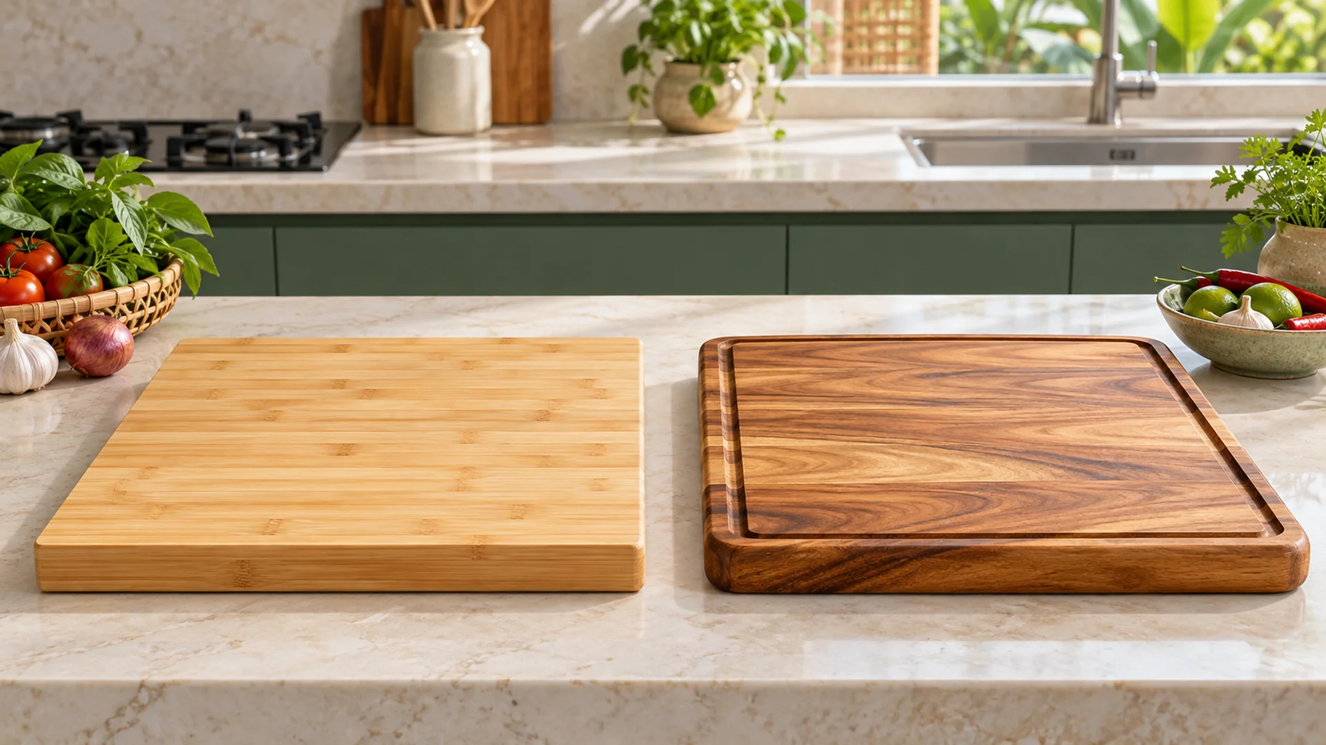 So sánh thớt tre và thớt gỗ teak trên bàn bếp