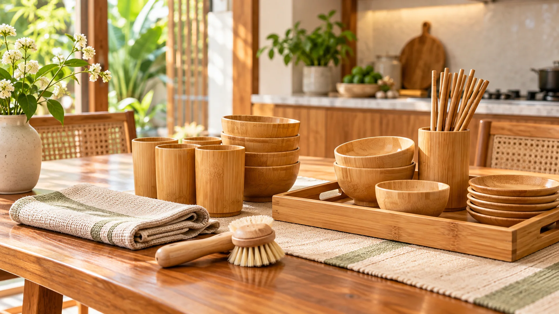 Vệ sinh cốc tre và đồ dùng bàn ăn bằng tre trong gian bếp